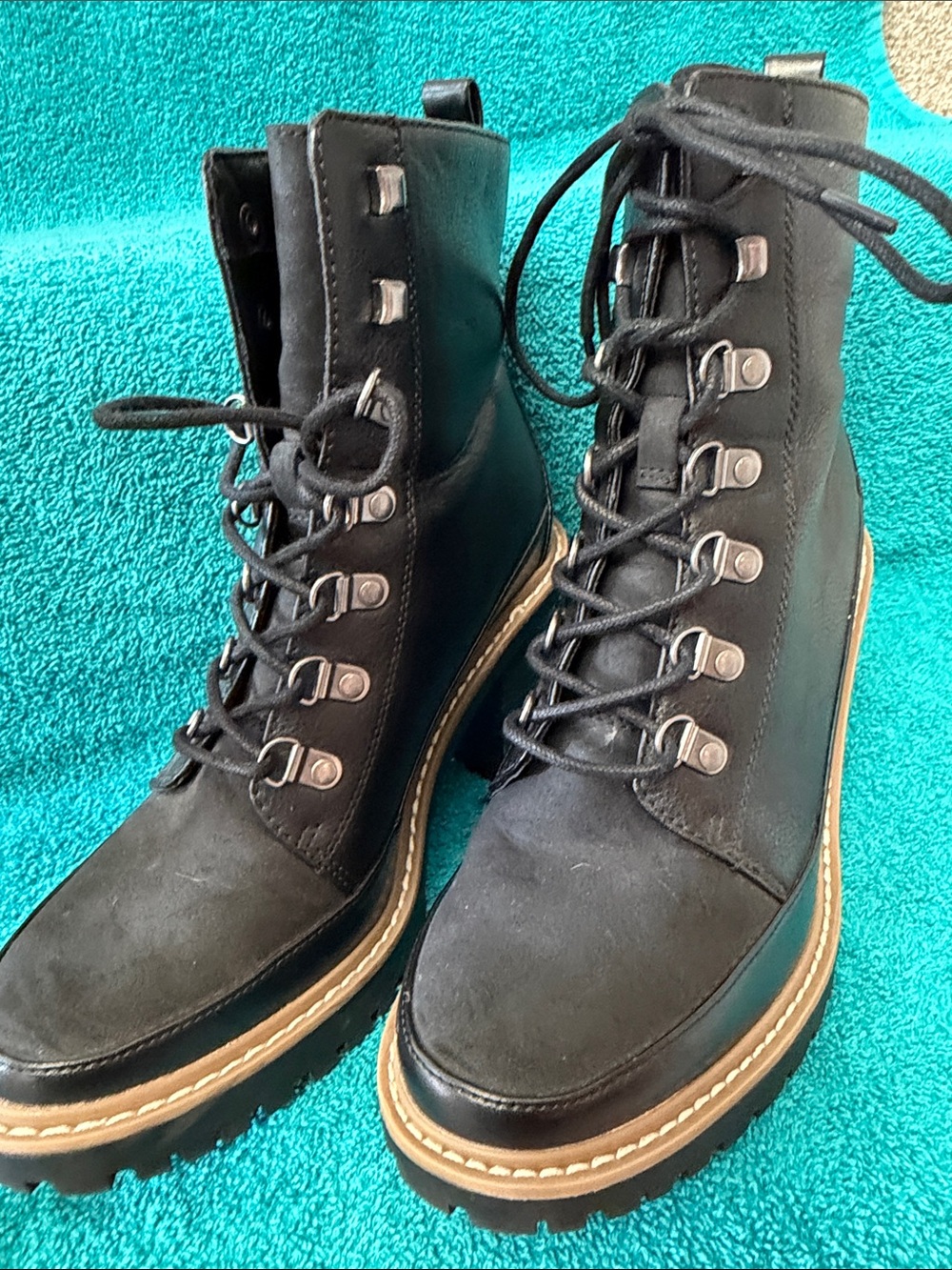 Heeled Black Lug Sole Lace-Up Ankle Boots - Women's